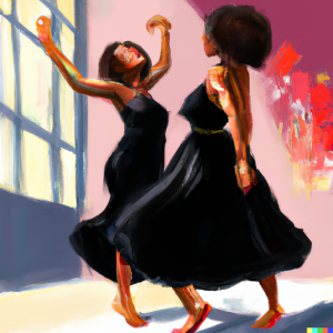 DALL·E 2022-07-29 23.03.46 - a realistic painting of two women dancing in a dance studio